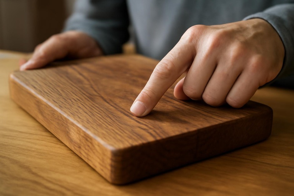 Close-up of a wooden cutting board edge and grain